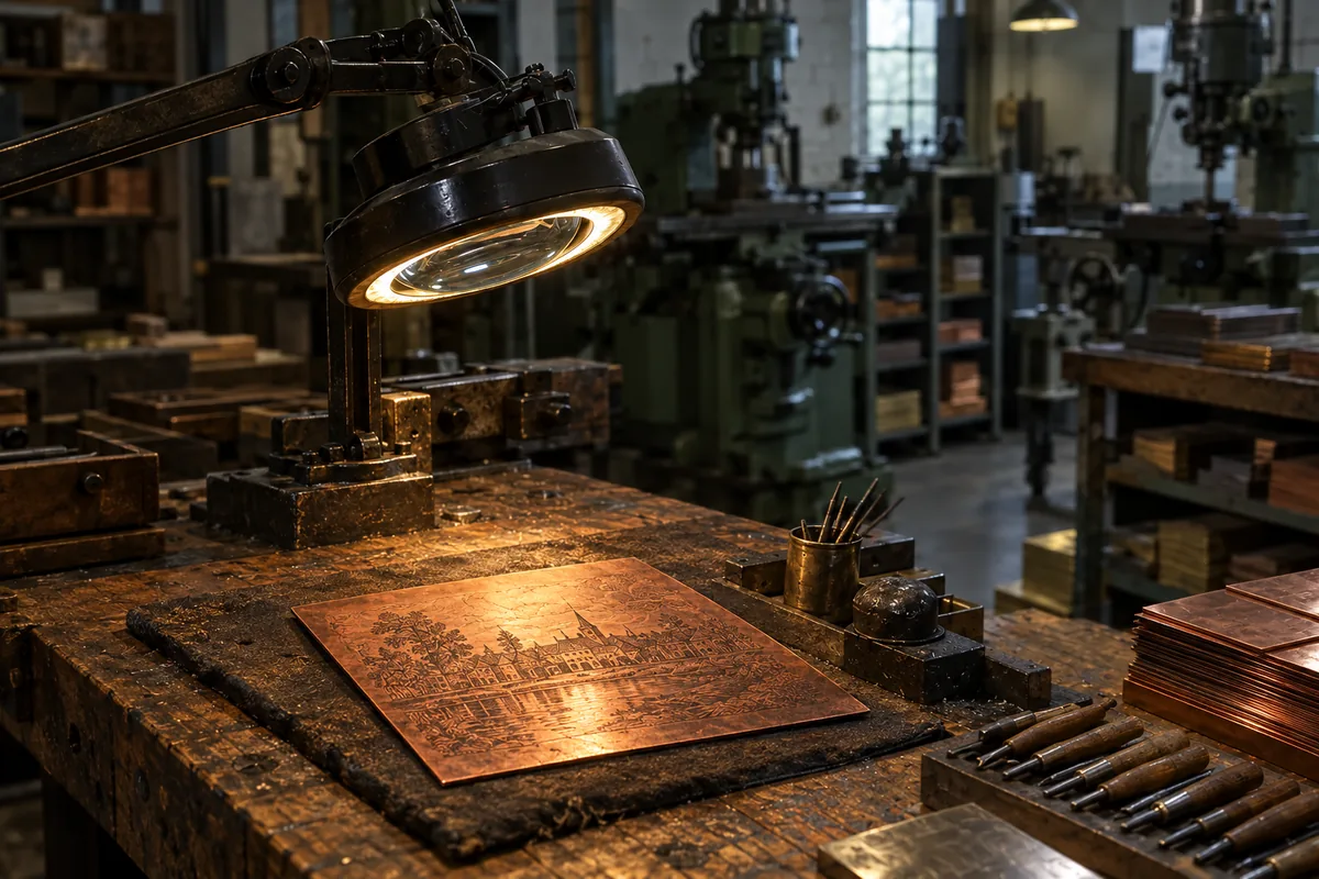 Engraved copper plate on the workbench under a bench magnifier lamp in the workshop