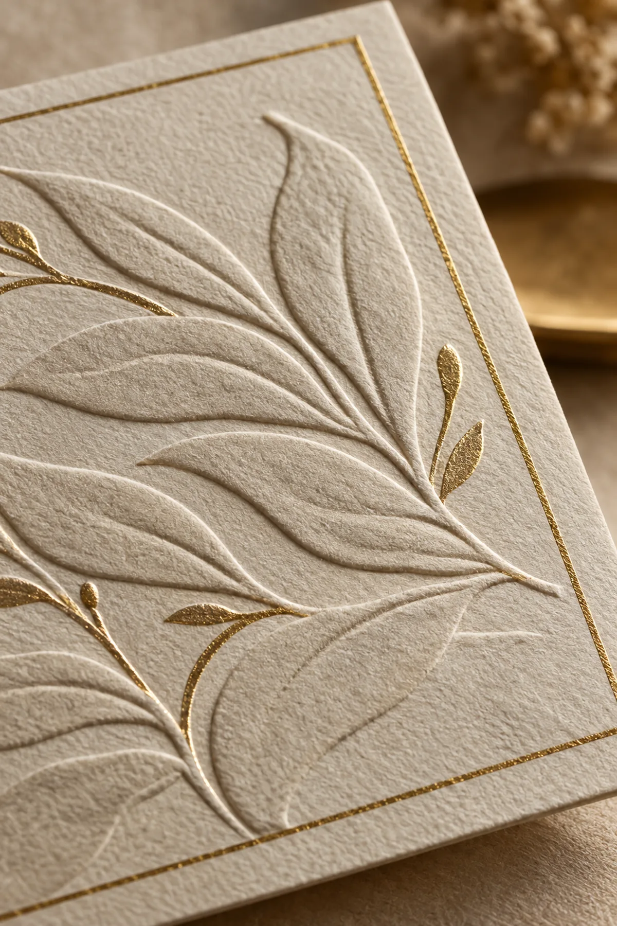 Cream card stock with a deep botanical emboss and a fine gold foil border