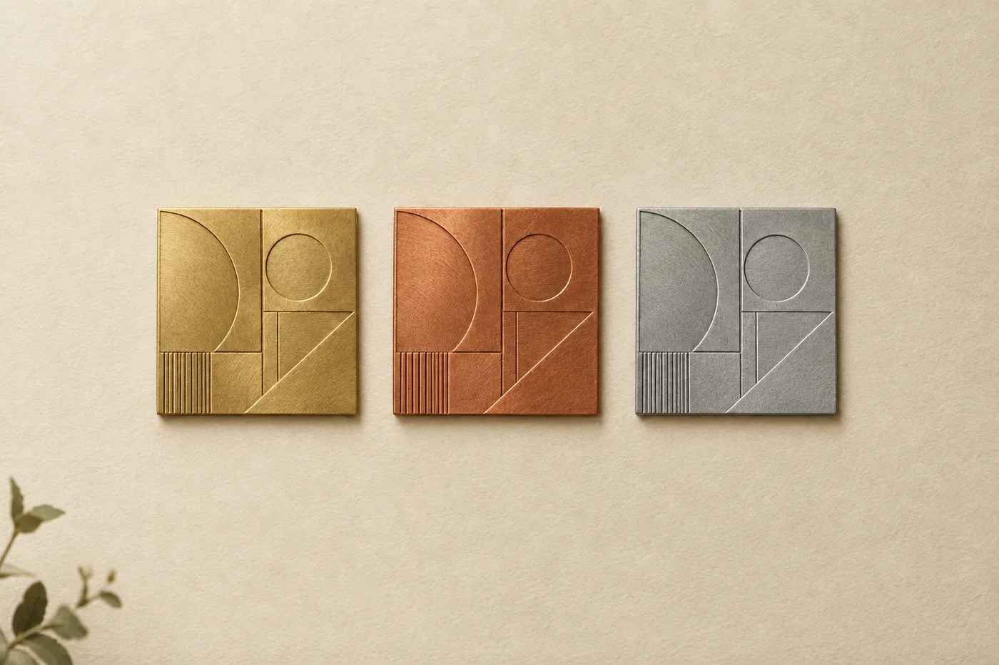 Engraved metal plates in a row on cream paper